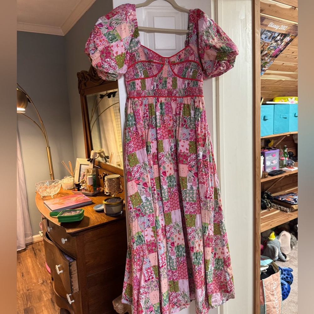 STRUT & BOLT PINK/GREEN PATCHWORK MIDI DRESS - Picture 3 of 4